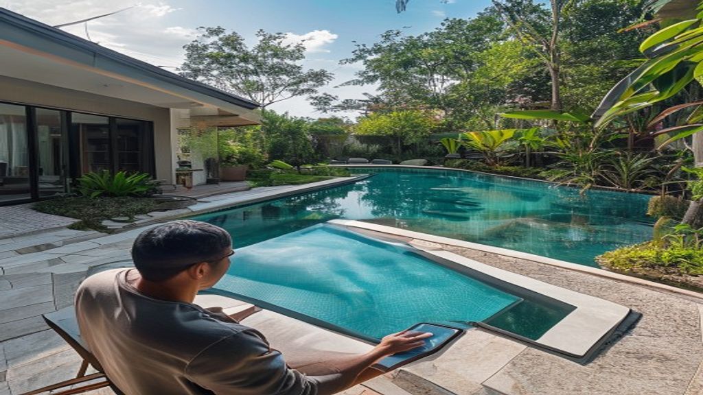 Desain modern paket pembuatan private pool menampilkan kolam pribadi elegan dengan pencahayaan malam.