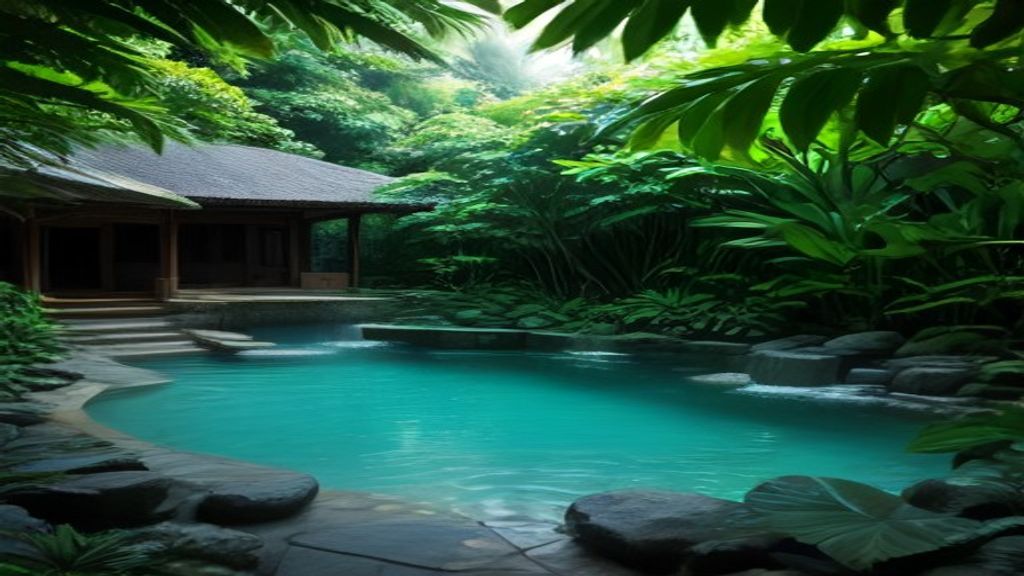 Desain kolam renang pribadi bergaya Bali dengan batu alam, pencahayaan lembut, dan vegetasi tropis mengelilingi.