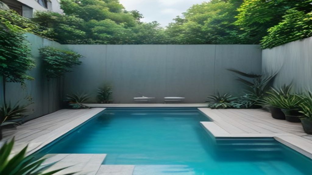 Kolam renang pribadi minimalis dengan desain modern, dikelilingi dek kayu dan lanskap hijau