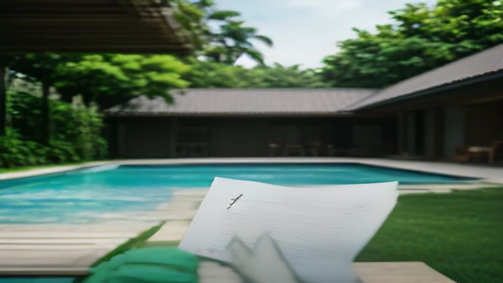 Ilustrasi pajak rumah dengan kolam renang pribadi, menjelaskan tarif dan peraturan pajak properti mewah.