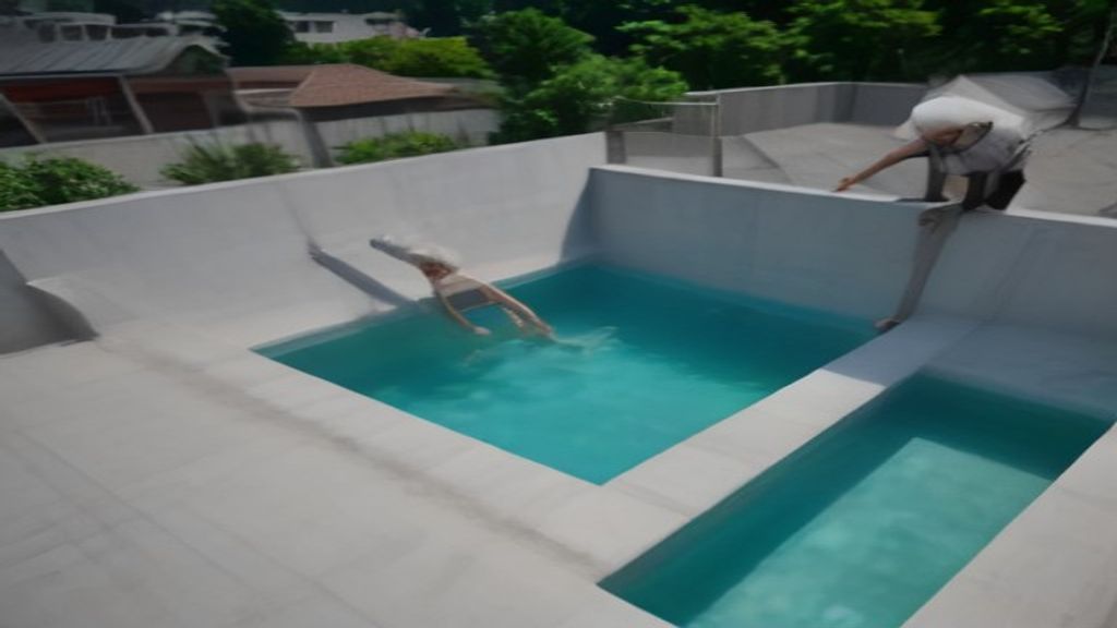 Private pool rooftop rumah dengan pemandangan kota dan desain modern.