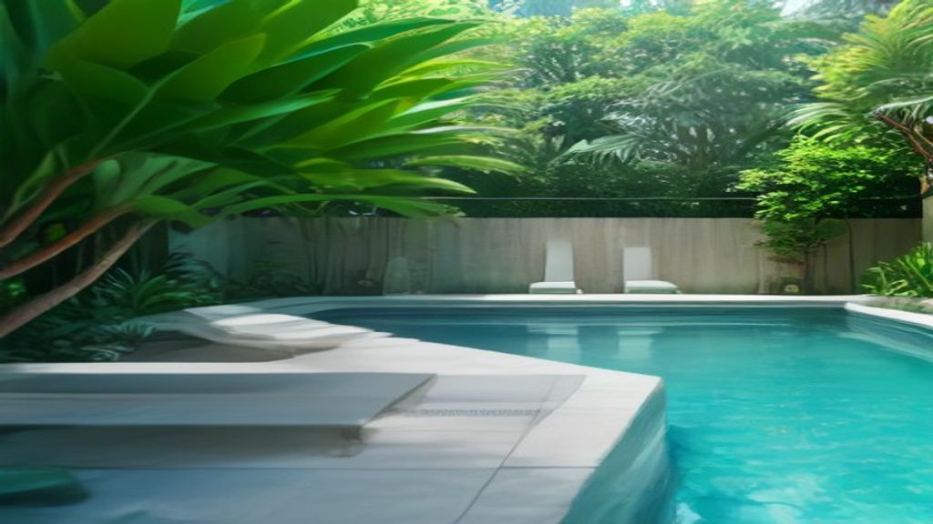 Desain kolam renang privat minimalis modern di halaman belakang rumah dengan suasana asri.